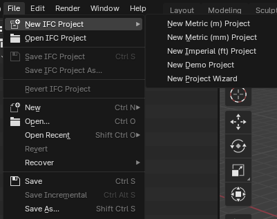 New IFC Project submenu options